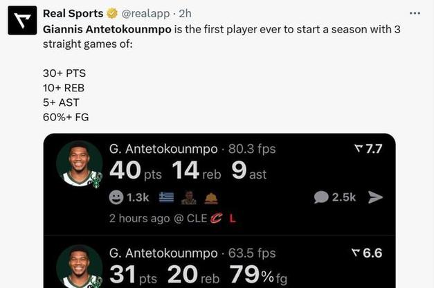 猛兽！字母哥开季9战合砍至少300分100板50助 NBA历史最快