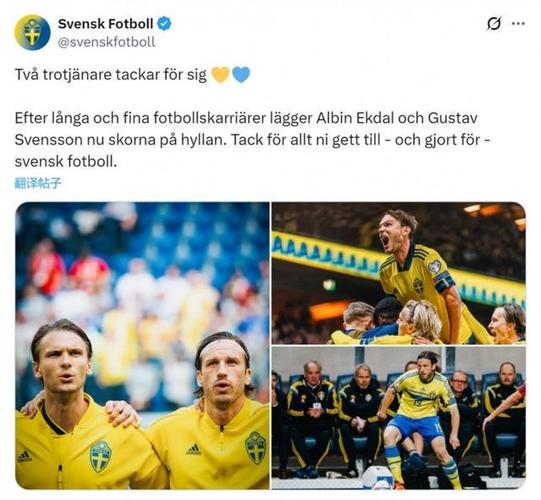 瑞典足协官方：前瑞典国脚埃克达尔、古斯塔夫·斯文松退役
